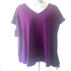 Woman Within Knit Pullover Top Sz 3X 30/32W Purple V Neck Side Tie Cap Sleeves